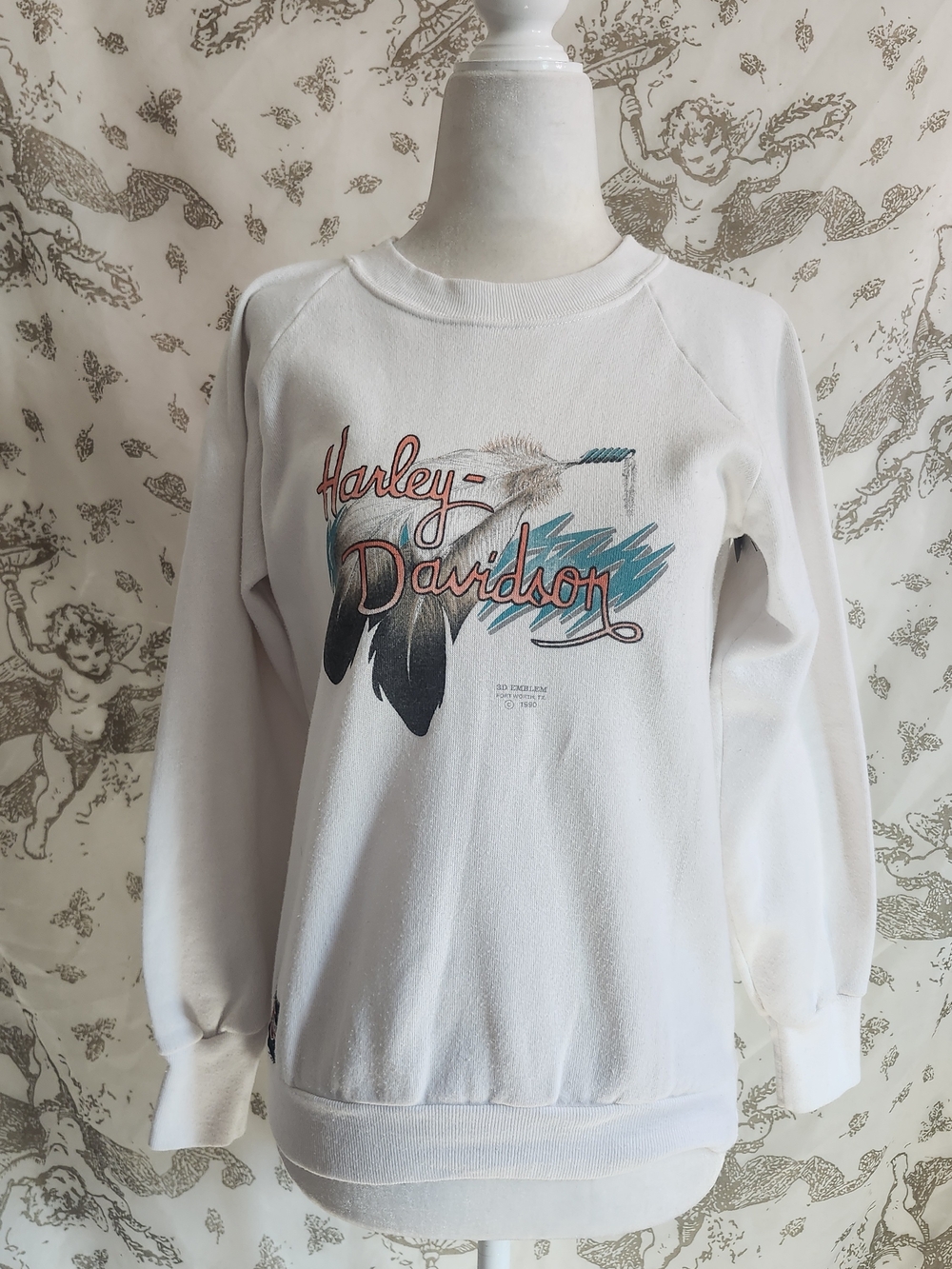 Vintage 1990 3D Harley-Davidson Eagle Feather Graphic Crewneck  Sweatshirt S